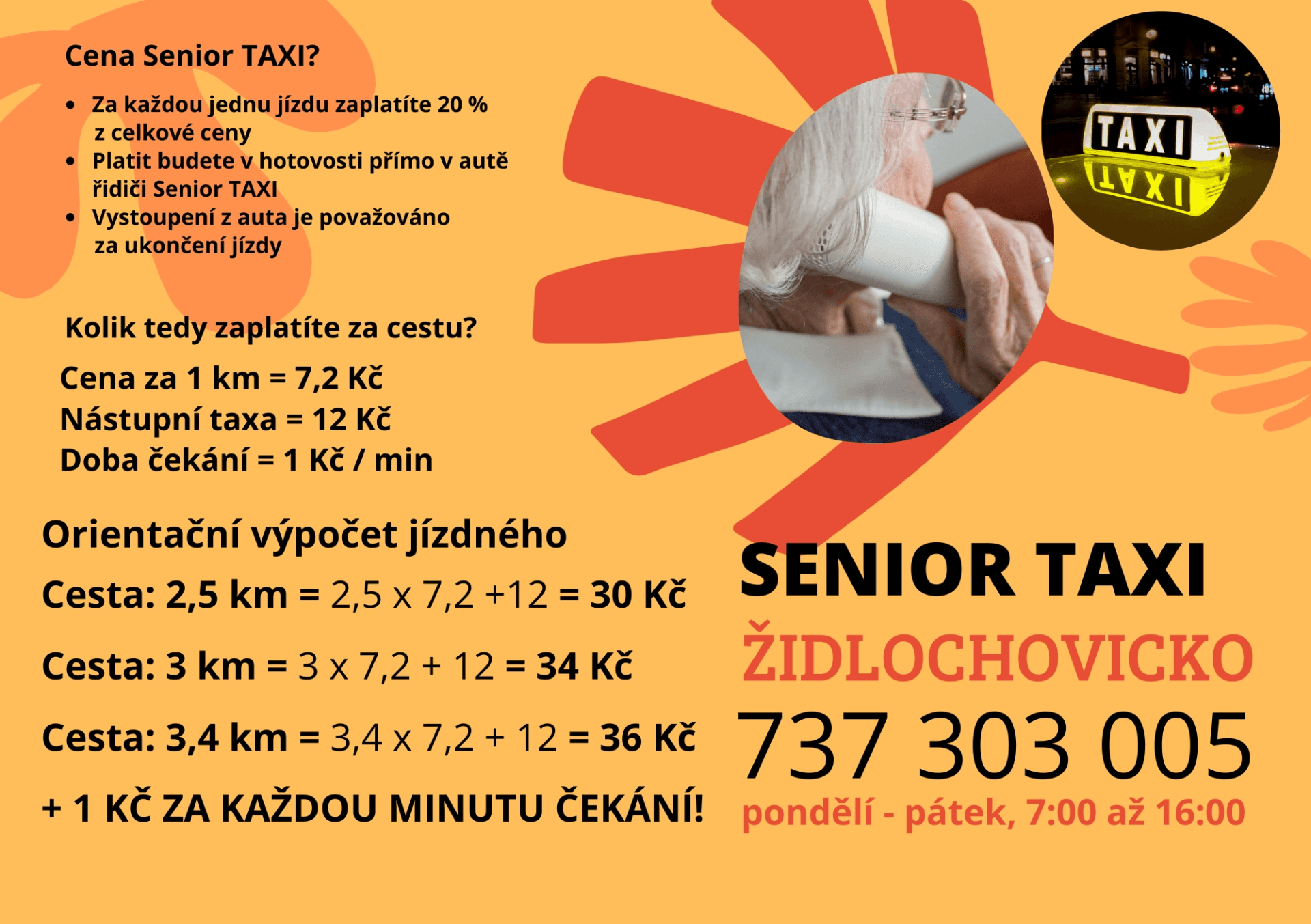 Senior Taxi Židlochovicko – ceník a kontakt, telefon 737 303 005, pondělí–pátek 7:00 až 16:00